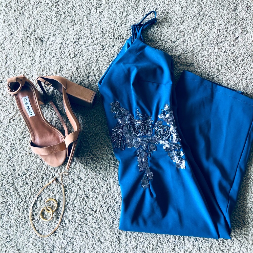 Blue Midi Dress w/ Silver Appliqué